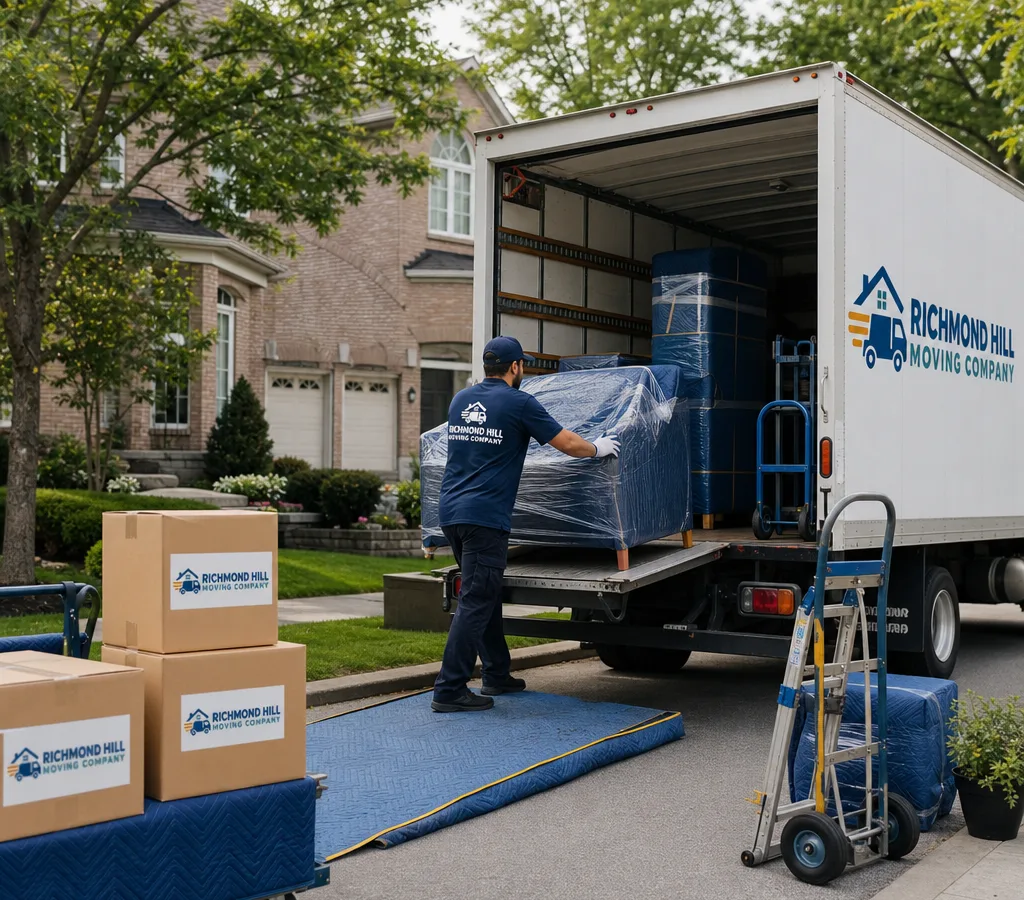 Moving crew loading wrapped furniture and labeled boxes into a truck on a Richmond Hill residential street