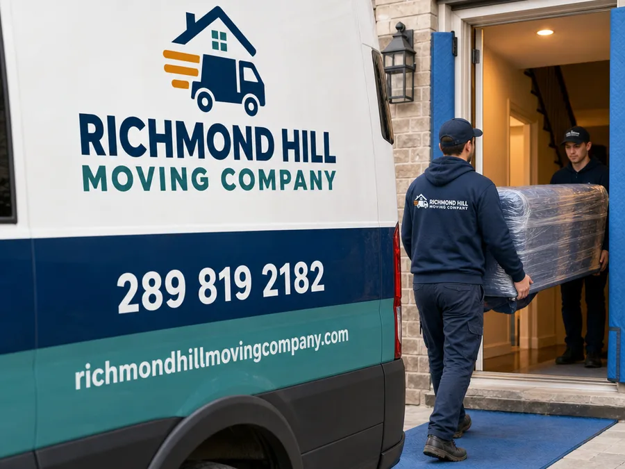 Movers laying floor runners and padding at a front entry and stair landing before moving a piano